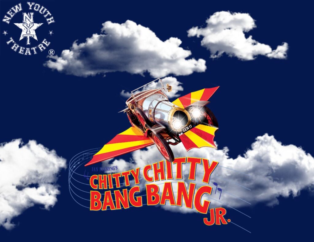 flying car in the sky. Text reads Chitty Chitty Bang Bang Jr